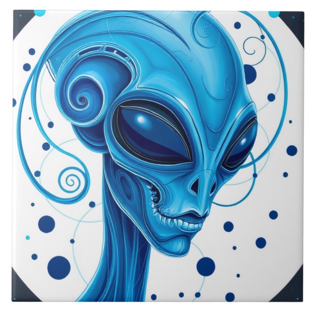 Head Of Blue Alien Closeup Sci-Fi Art Ceramic Tile (Front)