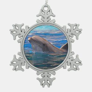 Head of bottlenose dolphin snowflake pewter christmas ornament