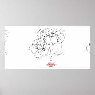 Head Of Flowers Art, Line Art Woman With Flowers,  Poster