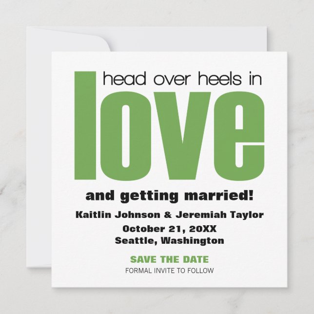 Head Over Heels Save the Date Invite, Green Invitation (Front)
