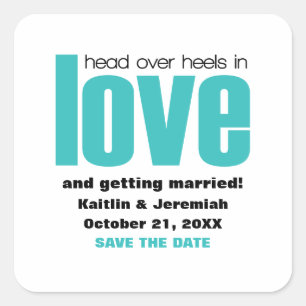 Head Over Heels Save the Date Stickers, Aqua Square Sticker