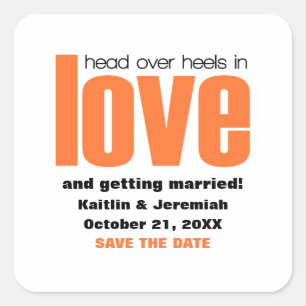 Head Over Heels Save the Date Stickers, Orange Square Sticker