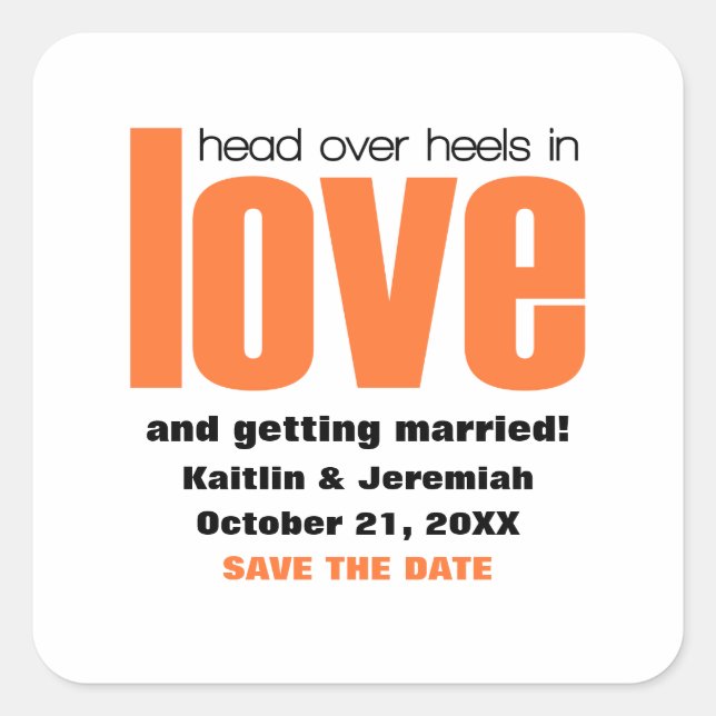 Head Over Heels Save the Date Stickers, Orange Square Sticker (Front)