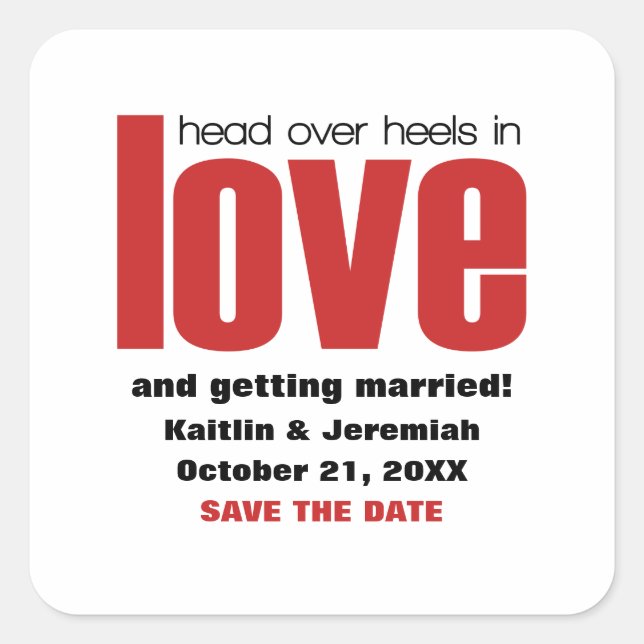 Head Over Heels Save the Date Stickers, Red Square Sticker (Front)