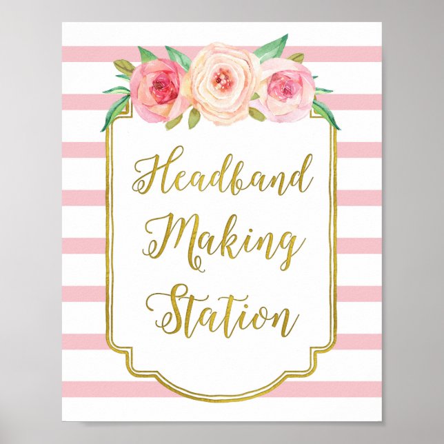 Headband Making Station Sign Pink Floral Stripes (Front)