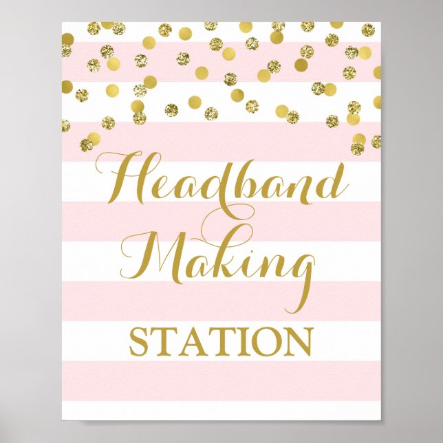 Headband Making Station Sign Pink Stripes Gold (Front)