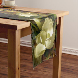 Heade Magnolia Flowers Gold Velvet Table Runner