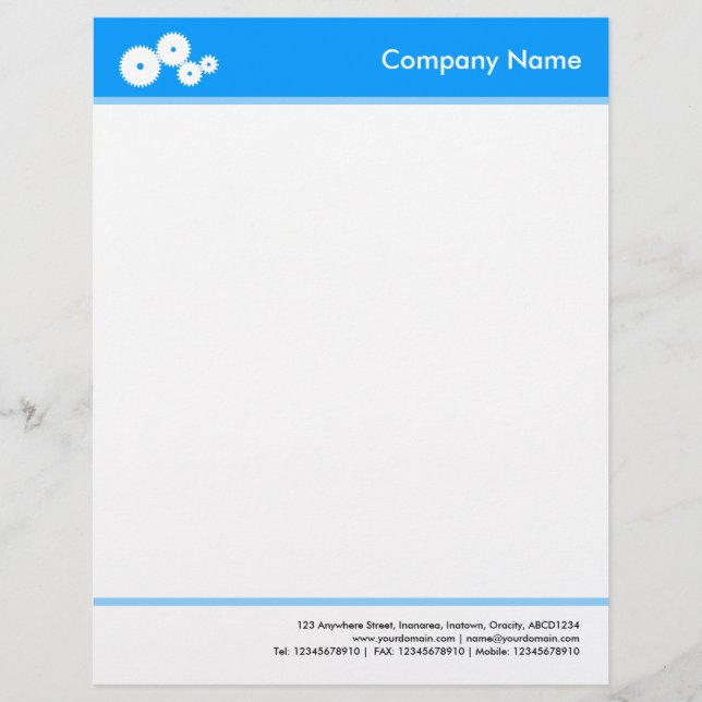 Headed and Footed (Gears) - Blue 0099FF Personalized Letterhead (Front)