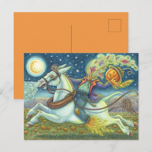 HEADLESS HORSEMAN SCARECROW ON WHITE MULE HOLIDAY POSTCARD (Front/Back)
