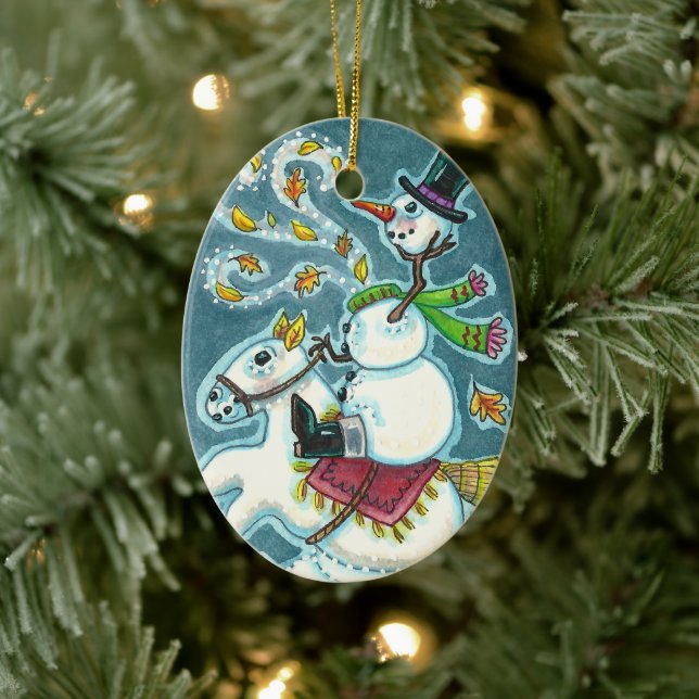 HEADLESS HORSEMAN SNOWMAN, XMAS HALLOWEEN HUMOR, CERAMIC ORNAMENT (Tree)