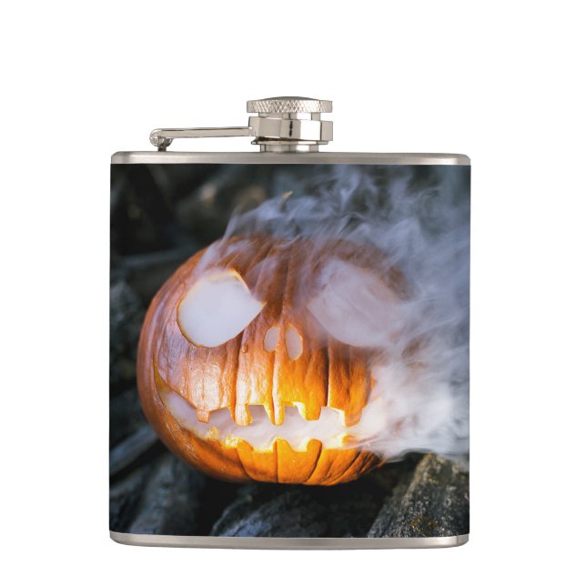 Headless Horseman's Jack-o-Lantern Head a Flame Hip Flask (Front)