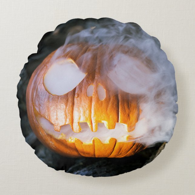 Headless Horseman's Jack-o-Lantern Head a Flame Round Cushion (Front)