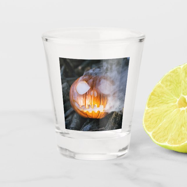 Headless Horseman's Jack-o-Lantern Head a Flame Shot Glass (Front)