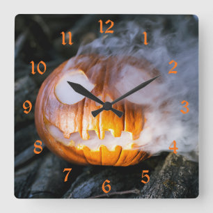 Headless Horseman's Jack-o-Lantern Head a Flame Square Wall Clock