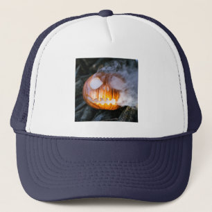 Headless Horseman's Jack-o-Lantern Head a Flame Trucker Hat