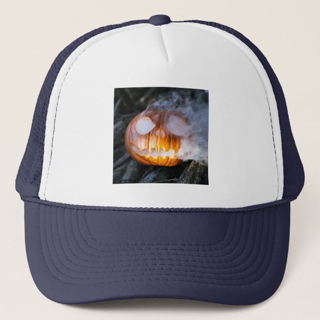 Headless Horseman's Jack-o-Lantern Head a Flame Trucker Hat (Front)