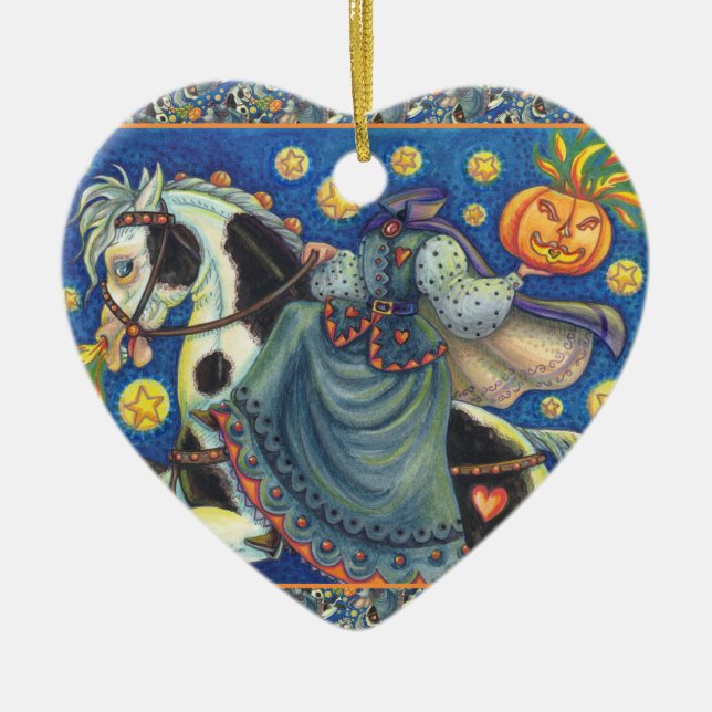 HEADLESS HORSEWOMAN, SIDESADDLE ON HALLOWEEN PINTO CERAMIC ORNAMENT (Front)