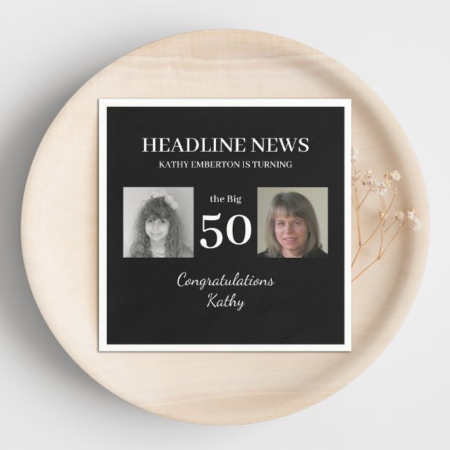 Headline News 50th Birthday Black and White Photo Napkin (Creator Uploaded)