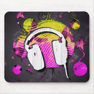 Headphone design in pink and yellow background mouse pad