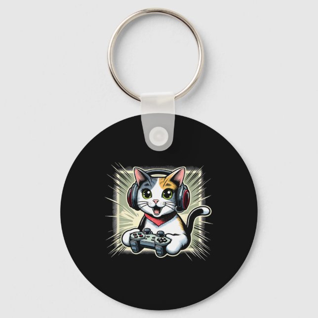 Headphone Video Game Japanese Bobtail Cat Gaming  Key Ring (Front)