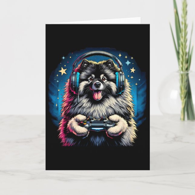 Headphone Video Game Keeshond Dog Gaming  Card (Front)