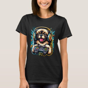 Headphone Video Game Pekingese Dog Gaming  T-Shirt