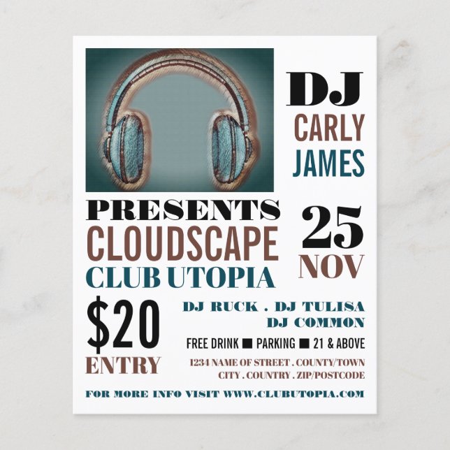 Headphones, DJ, Club Event Advertising Flyer (Front)