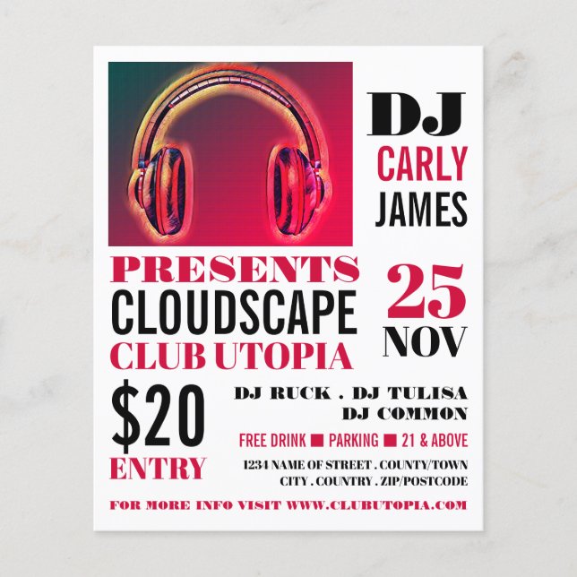 Headphones, DJ, Club Event Advertising Flyer (Front)
