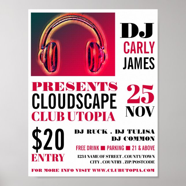 Headphones, DJ, Club Event Advertising Poster (Front)