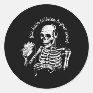Headphones Heart Gothic Music Halloween Skeleton  Classic Round Sticker