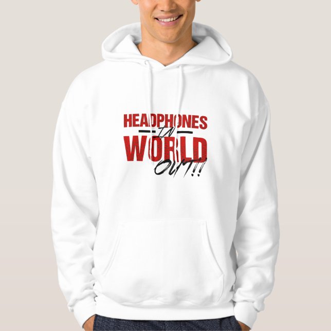Headphones In World Out Hoodie (white/red) (Front)