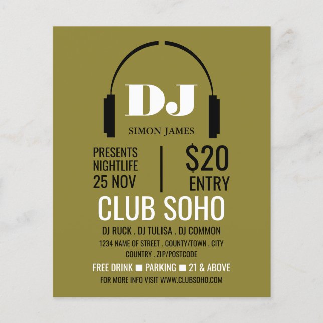 Headphones Logo, DJ, Club Event Advertising Flyer (Front)