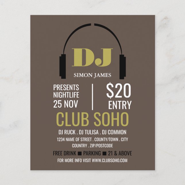 Headphones Logo, DJ, Club Event Advertising Flyer (Front)