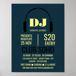 Headphones Logo, DJ, Club Event Advertising Poster