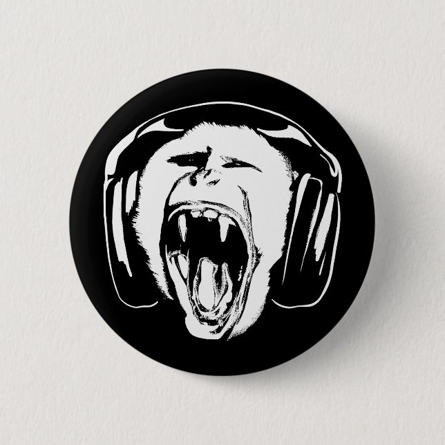 Headphones Monkey Music Lover 6 Cm Round Badge (Front)