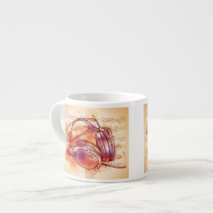 Headphones on a watercolor background & notes espresso cup
