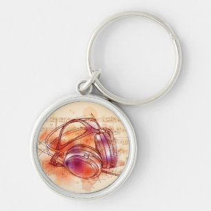 Headphones on a watercolor background & notes key ring
