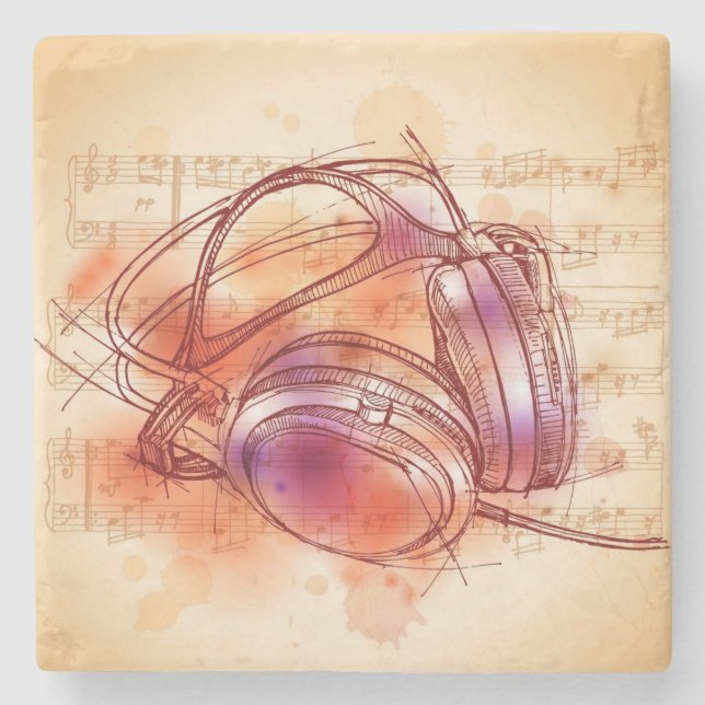 Headphones on a watercolor background & notes stone coaster (Front)