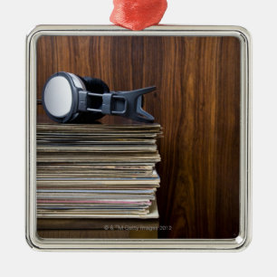Headphones on Records Metal Ornament