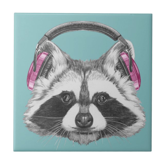 Headphones Racoon Ceramic Tile (Front)