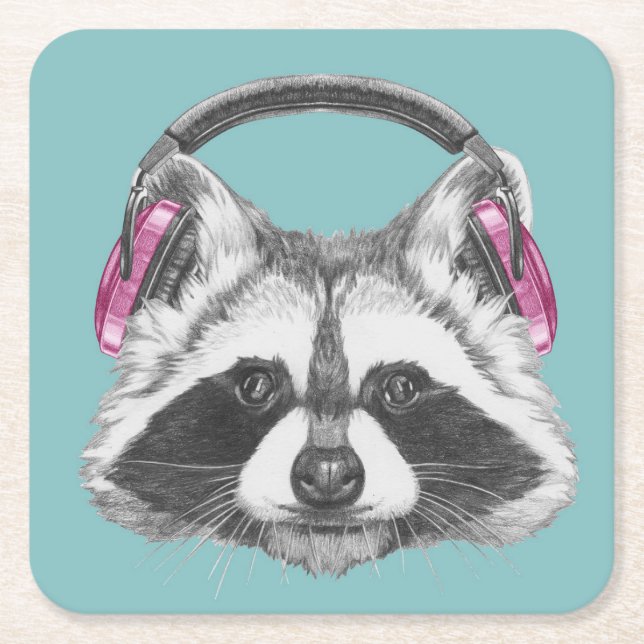 Headphones Racoon Square Paper Coaster (Front)