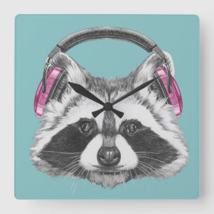 Headphones Racoon Square Wall Clock