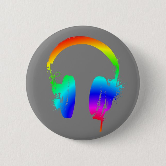 Headphones Rainbow Stencil Graphic Art Button Pin (Front)