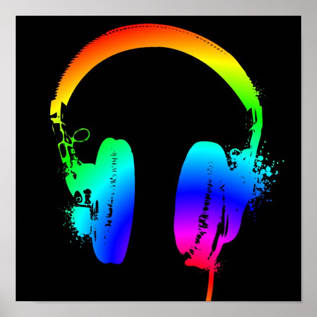 Headphones Rainbow Stencil Graphic Art Poster Sign (Front)