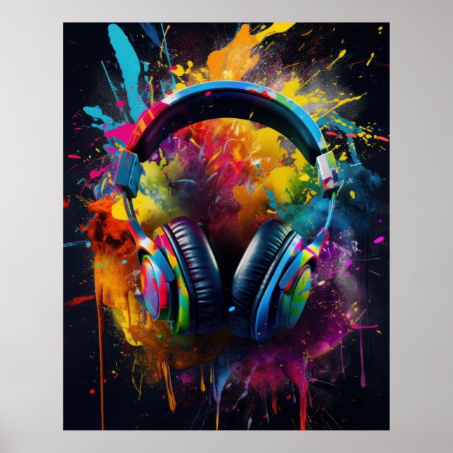 Headphones with exploding colours poster (Front)