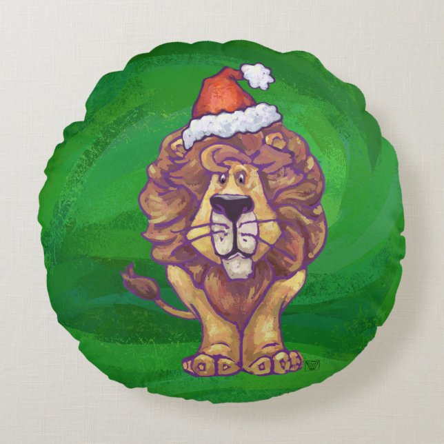 Heads and Tails Festive Lion On Green Round Cushion (Front)