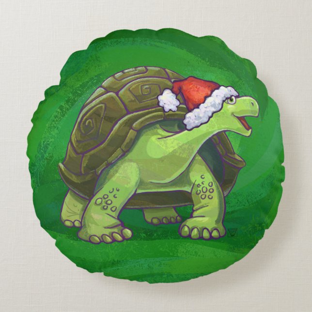 Heads and Tails Festive Tortoise On Green Round Cushion (Front)