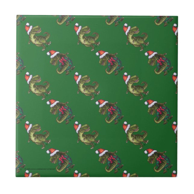 Heads and Tails Festive TRex Green Pattern Ceramic Tile (Front)