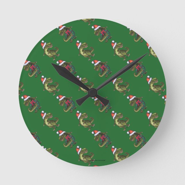 Heads and Tails Festive TRex Green Pattern Round Clock (Front)