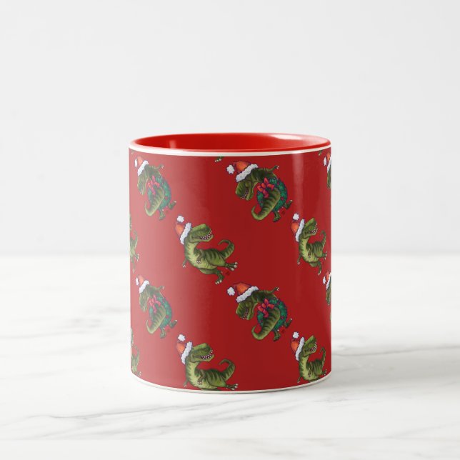 Heads and Tails Festive TRex Pattern Two-Tone Coffee Mug (Center)